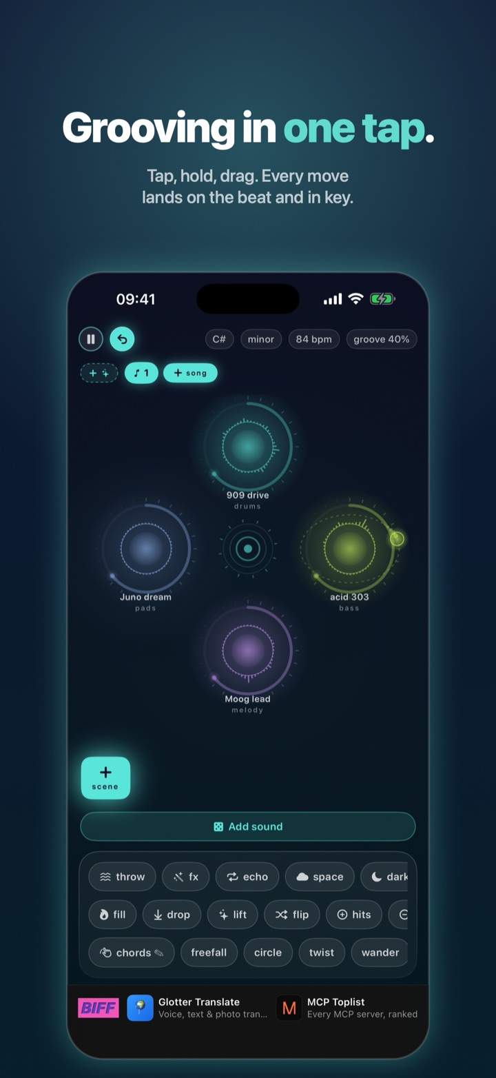 loopdaloop deck with four glowing orbs playing, App Store screenshot headed Grooving in one tap