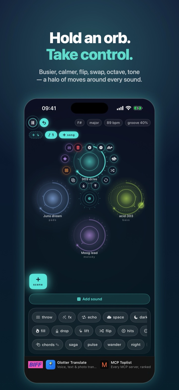 loopdaloop with the halo of controls open around the drum-kit orb, headed Hold an orb, take control