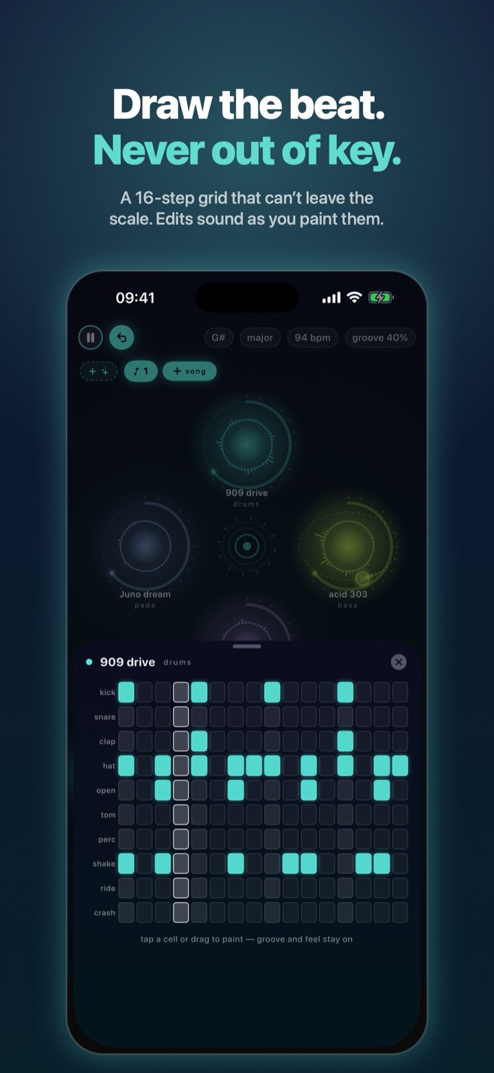 loopdaloop 16-step editor, headed Draw the beat, never out of key
